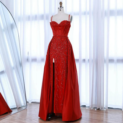Luxury Red Beaded High Slit Evening Gown with Overskirt LA72936 - SERENE HILL