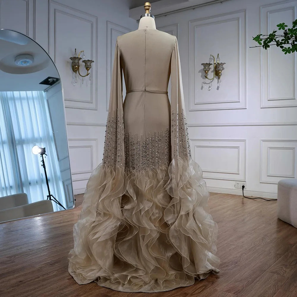 Elegant Nude Beaded Evening Dress with Cape Sleeves LA72317C - SERENE HILL