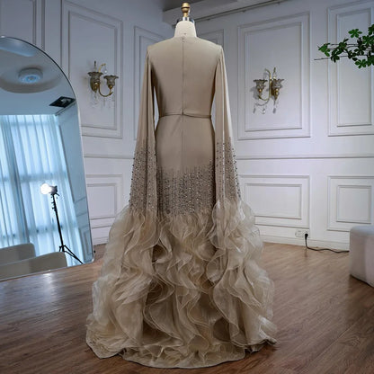 Elegant Nude Beaded Evening Dress with Cape Sleeves LA72317C - SERENE HILL