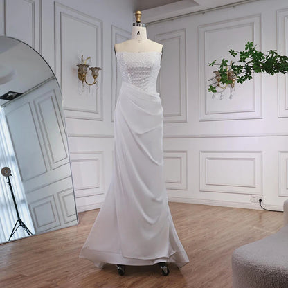 White Beaded Evening Dress with Detachable Sleeves LA72293A - SERENE HILL
