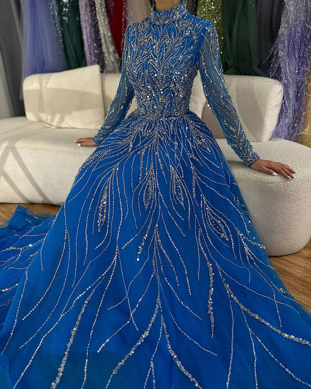 Muslim Formal Blue A-Line Beaded Evening Dress LA72302A