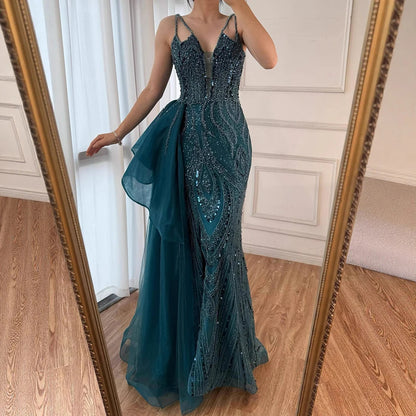 Luxury Green Spaghetti Strap Beaded Mermaid Evening Dress with Overskirt LA72378B - SERENE HILL