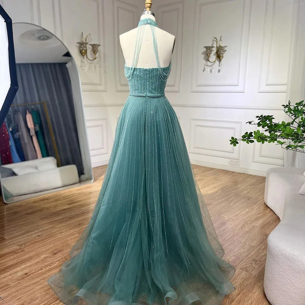 Luxury Arabic Blue Sequin Tassel Halter A Line Evening Dress LA72227 - SERENE HILL