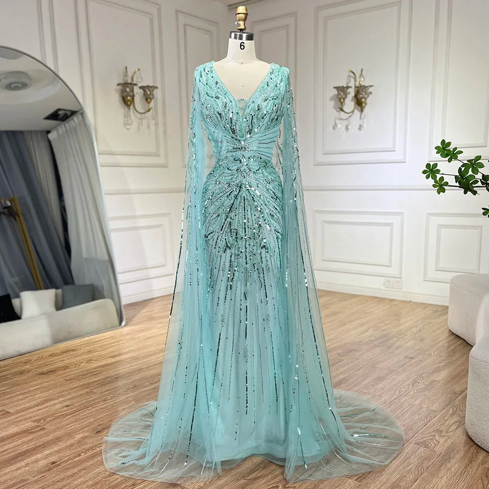 Luxury Dubai Turquoise Mermaid Evening Dresses with Cape V-Neck LA72239 - SERENE HILL