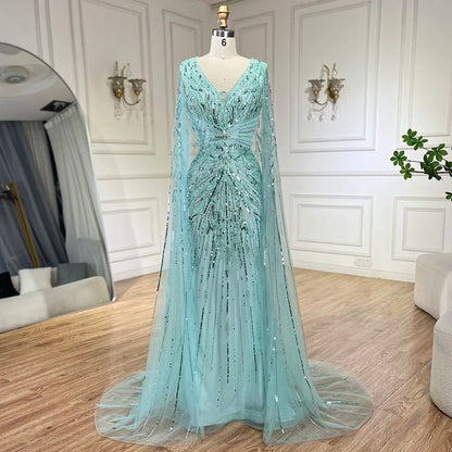 Luxury Dubai Turquoise Mermaid Evening Dresses with Cape V-Neck LA72239 - SERENE HILL