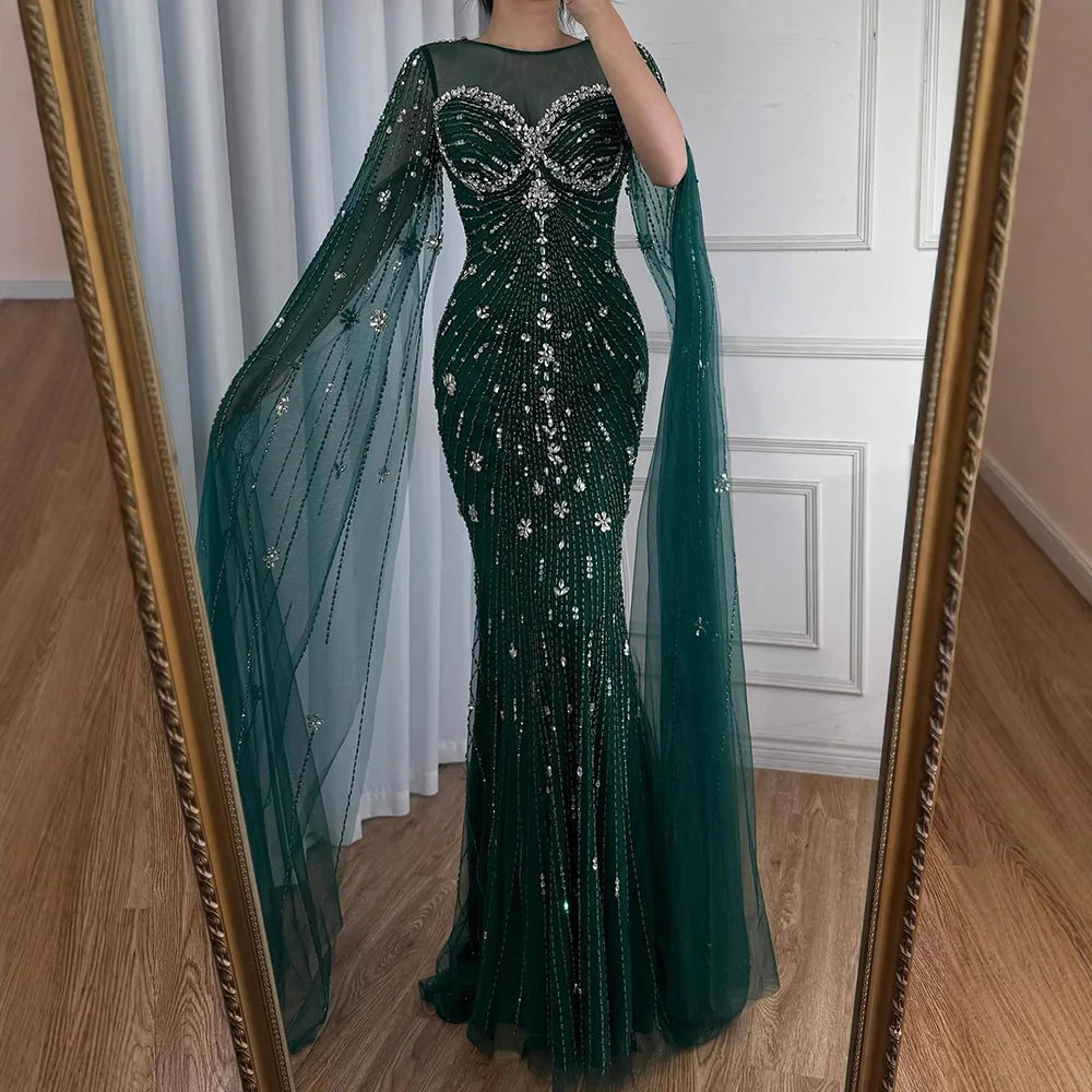 Luxury Green Beaded Mermaid Dress with Cape Sleeves LA73115 - SERENE HILL