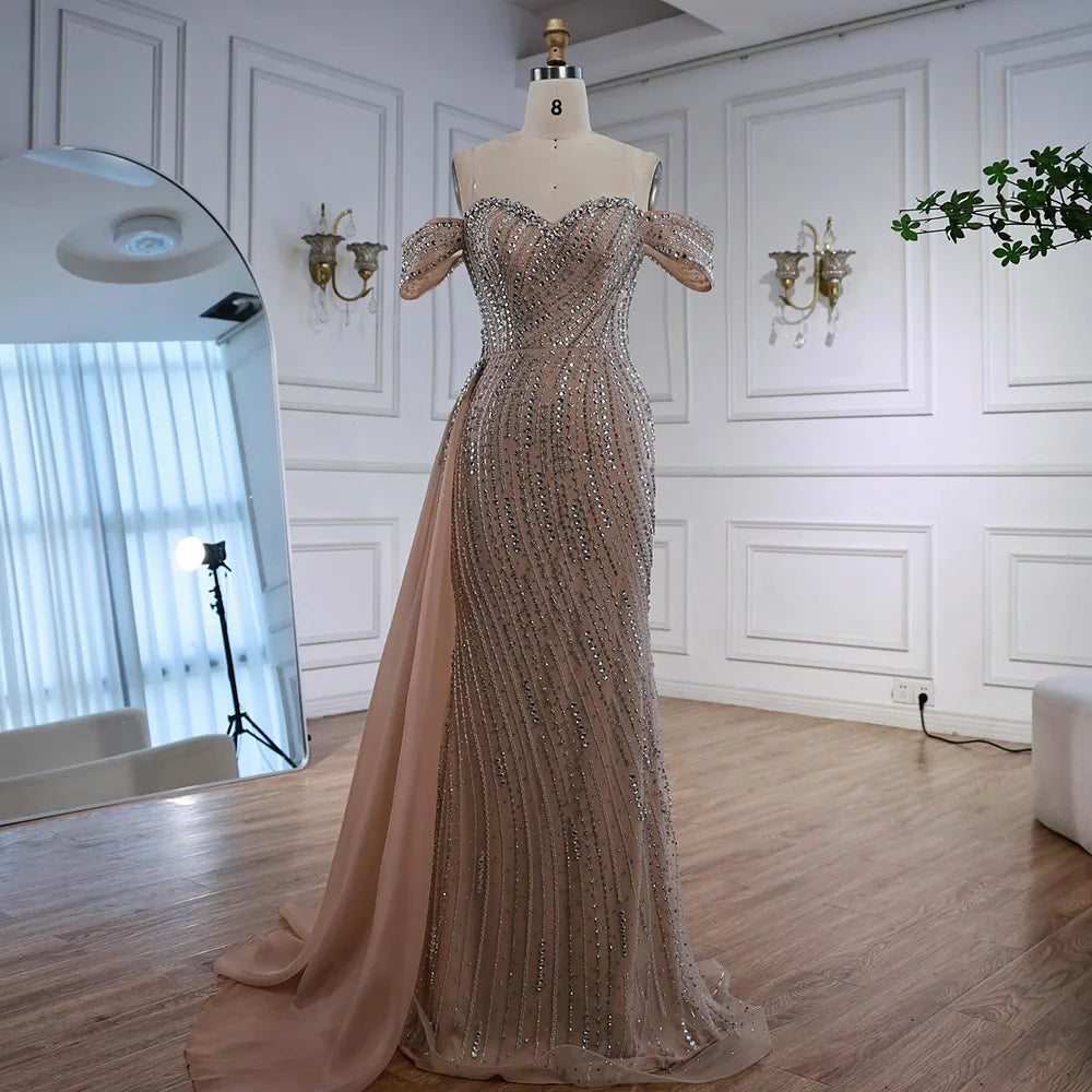 Luxury Nude Beaded Mermaid Evening Dress with Overskirt LA72911 - SERENE HILL