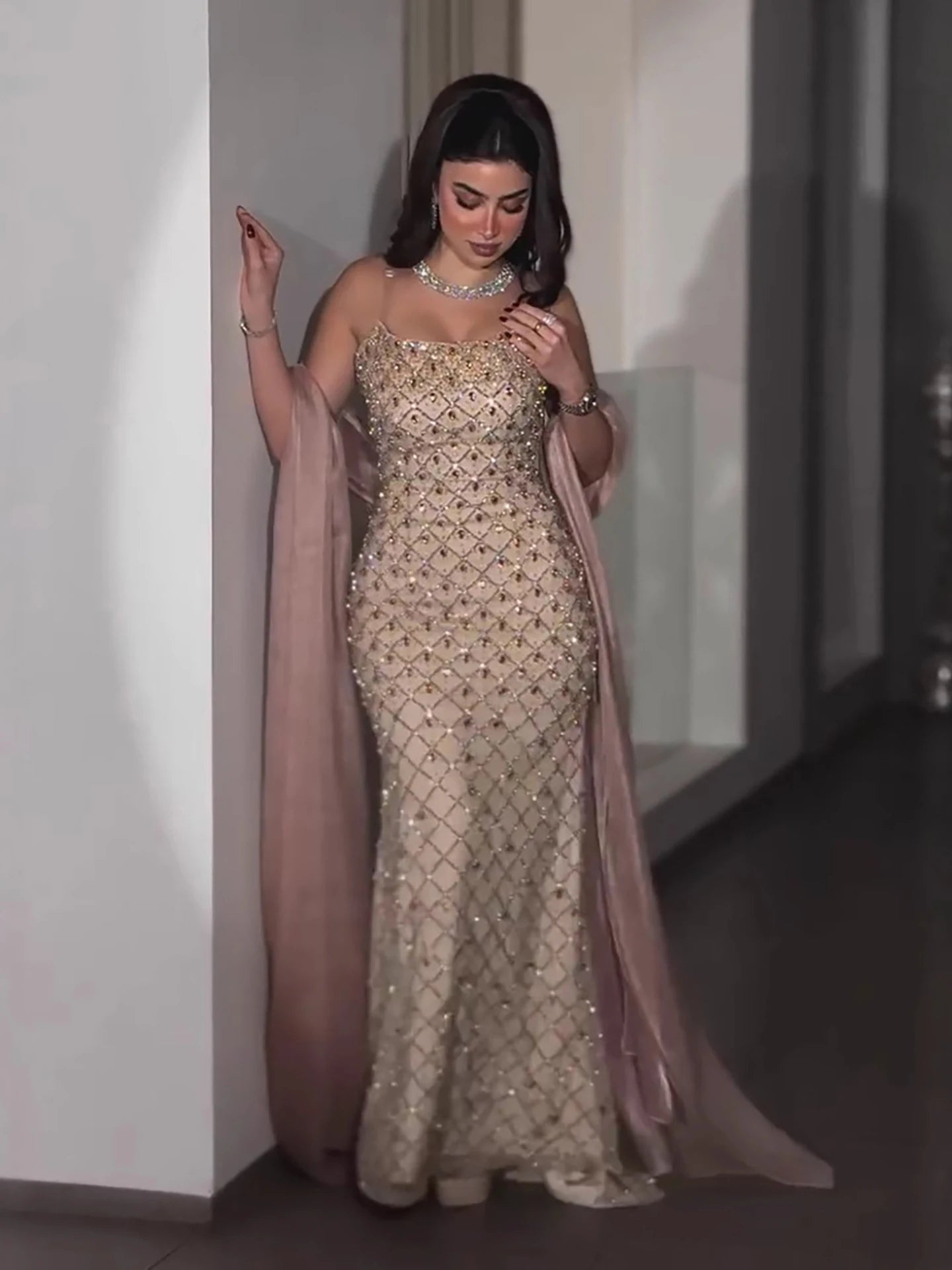 Luxury Pink Beaded Mermaid Evening Dress with Cape LA73366 - SERENE HILL