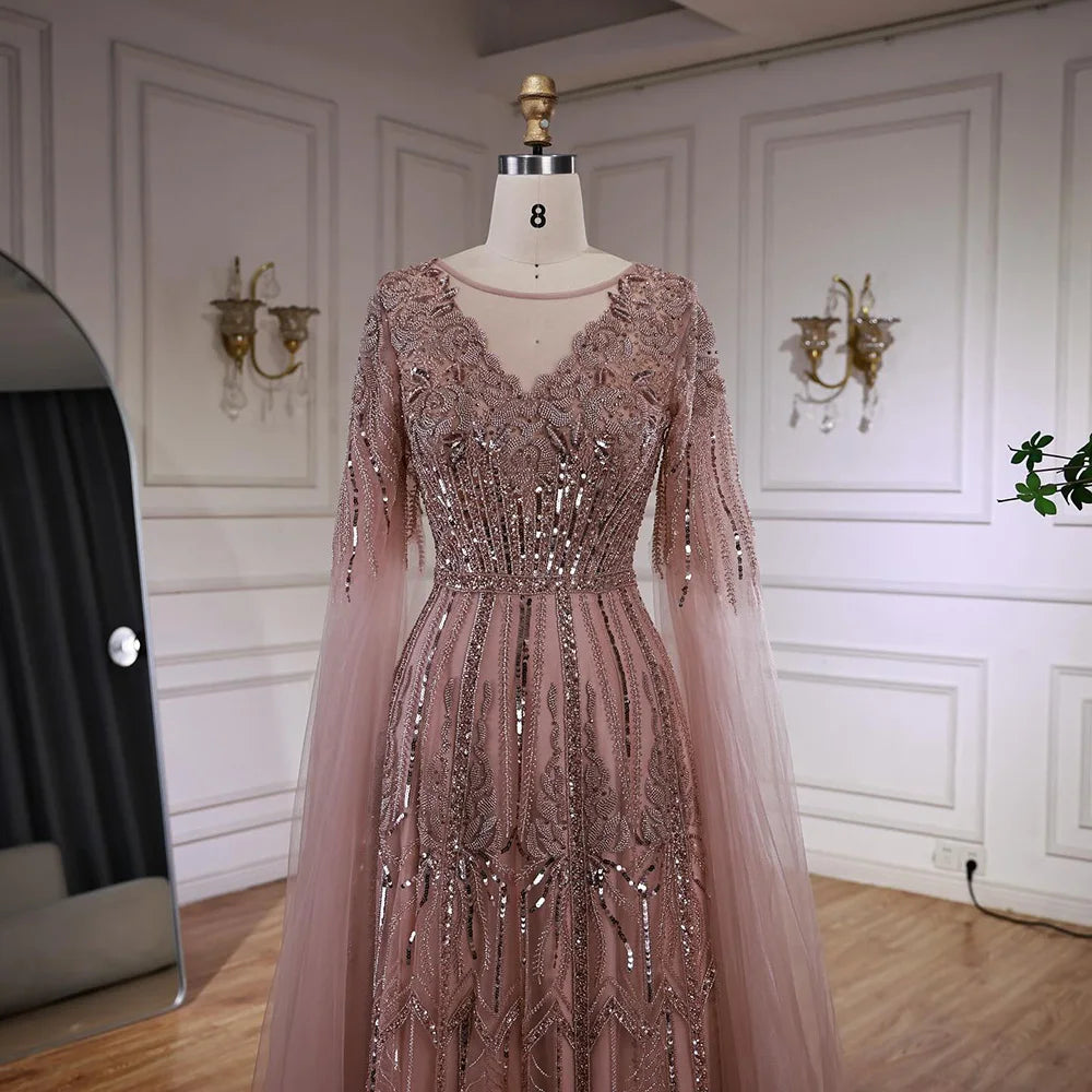 Elegant Beaded A-Line Evening Dress with Cape Sleeves LA73056 – SERENE HILL