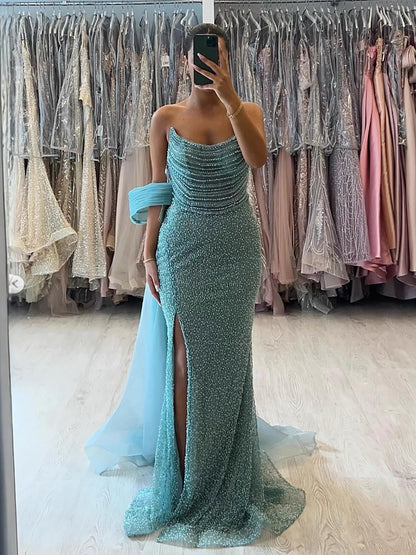 Luxury Evening Dress Nude BeadedSheath Gown With Tulle Train LA73388 - SERENE HILL