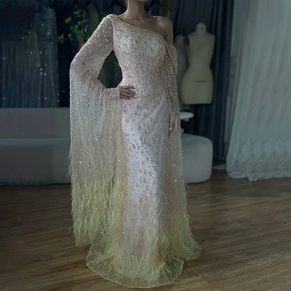 Luxury Feather One Shoulder Evening Dress with Cape Sleeves LA72763 - SERENE HILL
