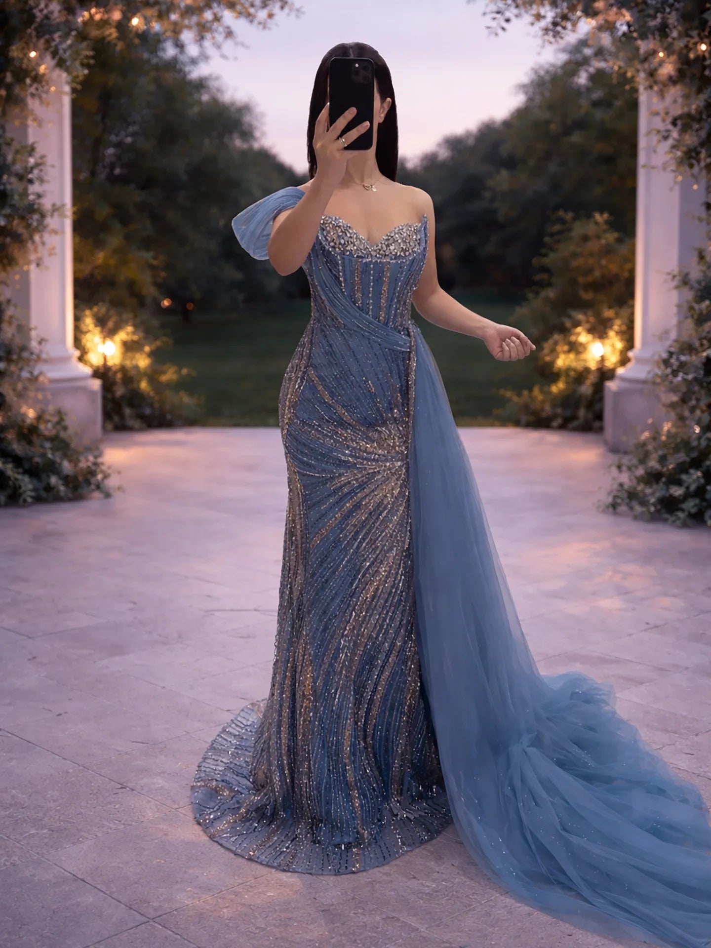 Luxury Blue Crystal Beaded One Shoulder Mermaid Evening Dress LA73425 - SERENE HILL
