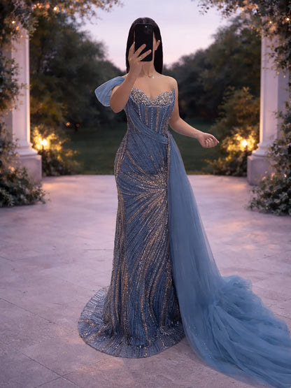 Luxury Blue Crystal Beaded One Shoulder Mermaid Evening Dress LA73425 - SERENE HILL