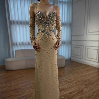 Luxury Nude Beaded Dress with Detachable Sleeves LA73065 - SERENE HILL