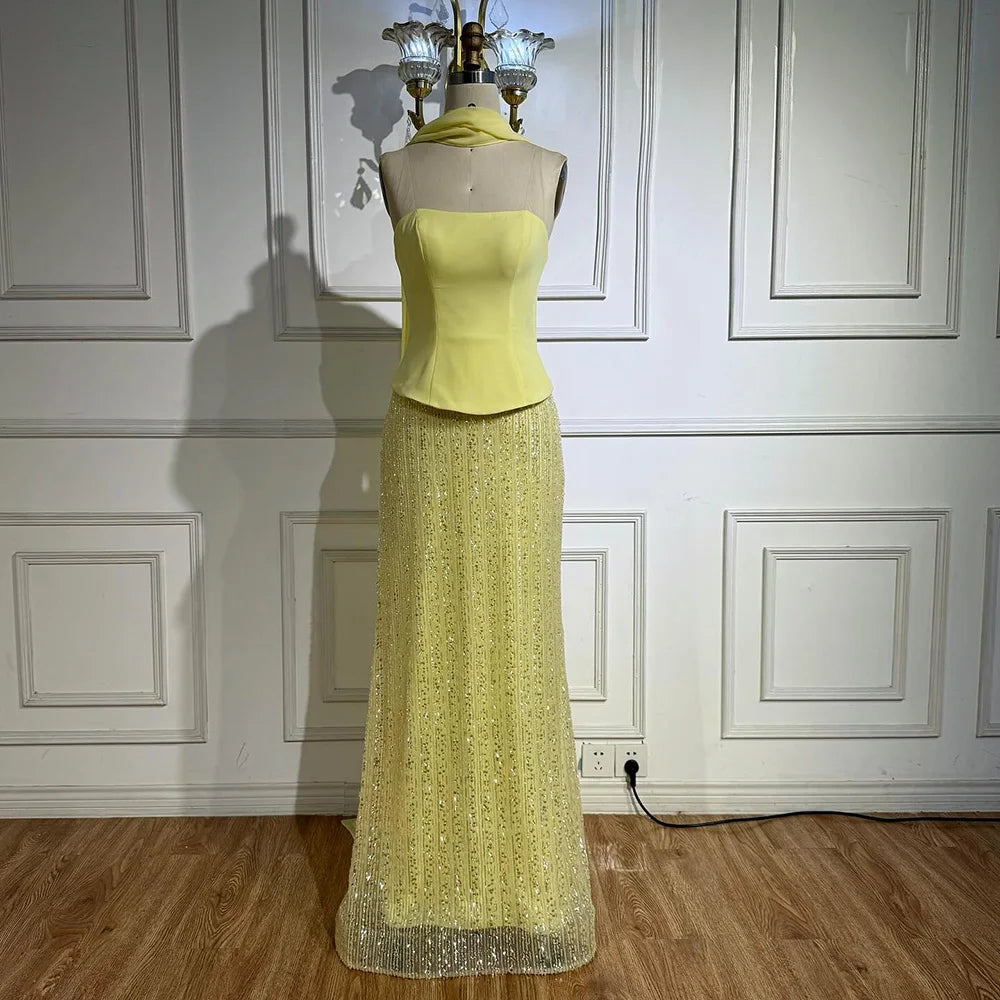 Luxury Yellow Chiffon Mermaid Evening Dress with Cape LA73007 - SERENE HILL
