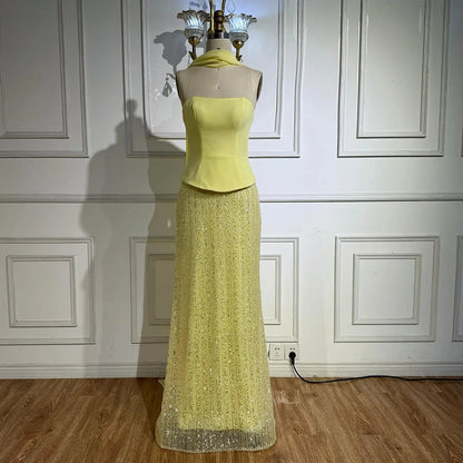 Luxury Yellow Chiffon Mermaid Evening Dress with Cape LA73007 - SERENE HILL