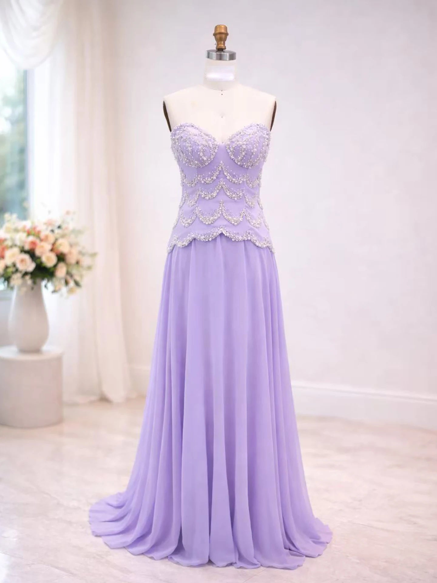 Luxury Lilac Pearl Beaded Two Pieces Evening Dress with Cape LA73327A - SERENE HILL