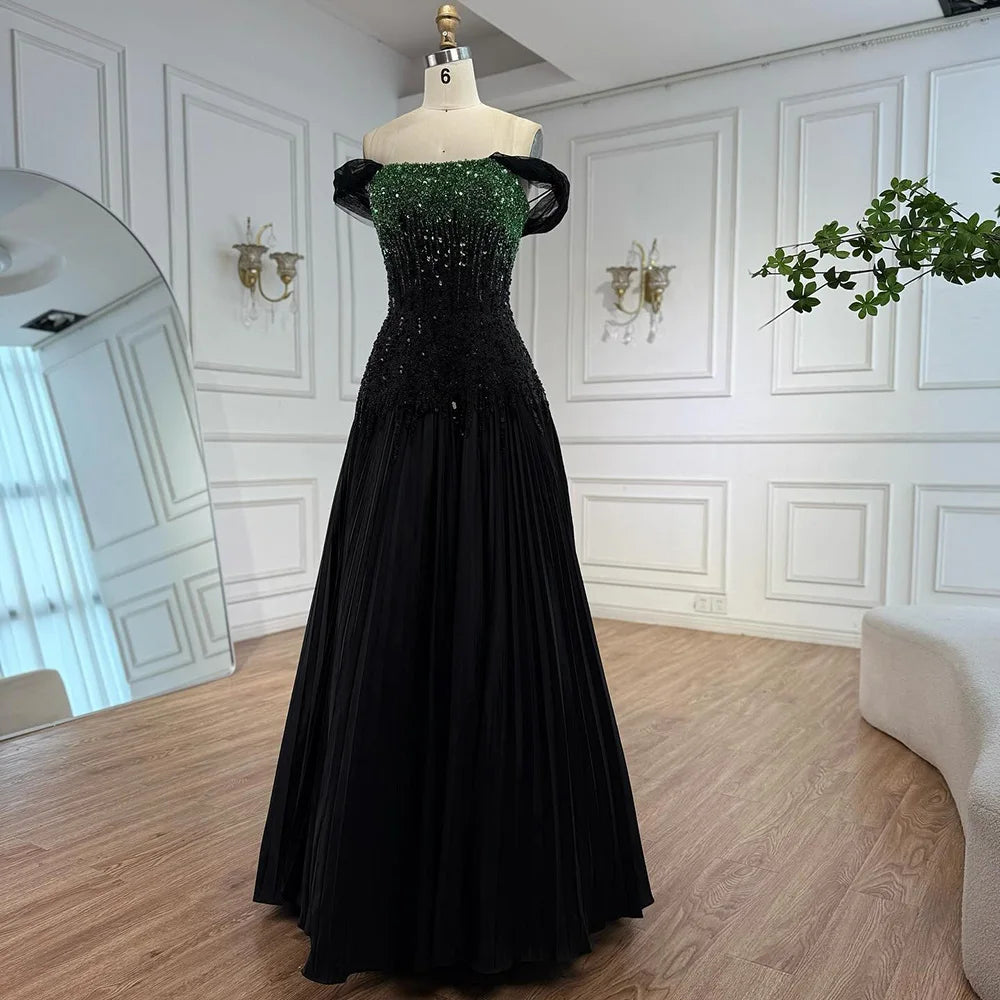 Luxury Beaded Black Green Off Shoulder Dubai Evening Dress for Party LA72406 Black Green / 14