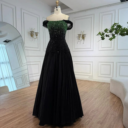 Luxury Beaded Black Green Off Shoulder Dubai Evening Dress for Party LA72406 - SERENE HILL