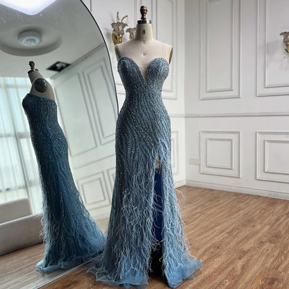 Luxury Blue Feather Beaded Evening Dress with Side Skirt LA72695 - SERENE HILL