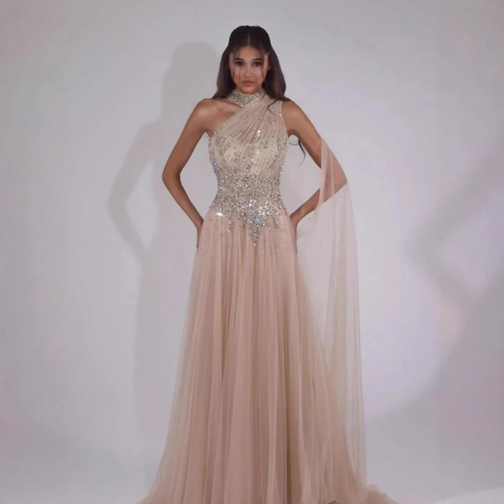 Luxury Nude A Line One Shoulder Beaded Evening Dress LA73154 - SERENE HILL