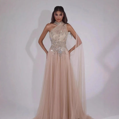 Luxury Nude A Line One Shoulder Beaded Evening Dress LA73154 - SERENE HILL