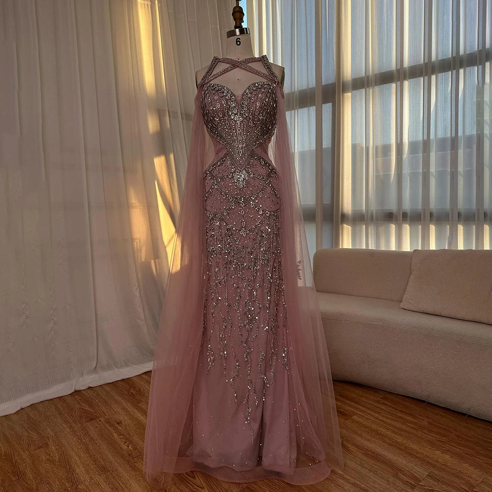 Luxury Nude Cape Sleeves Beaded Crystal Evening Dress LA72806 - SERENE HILL