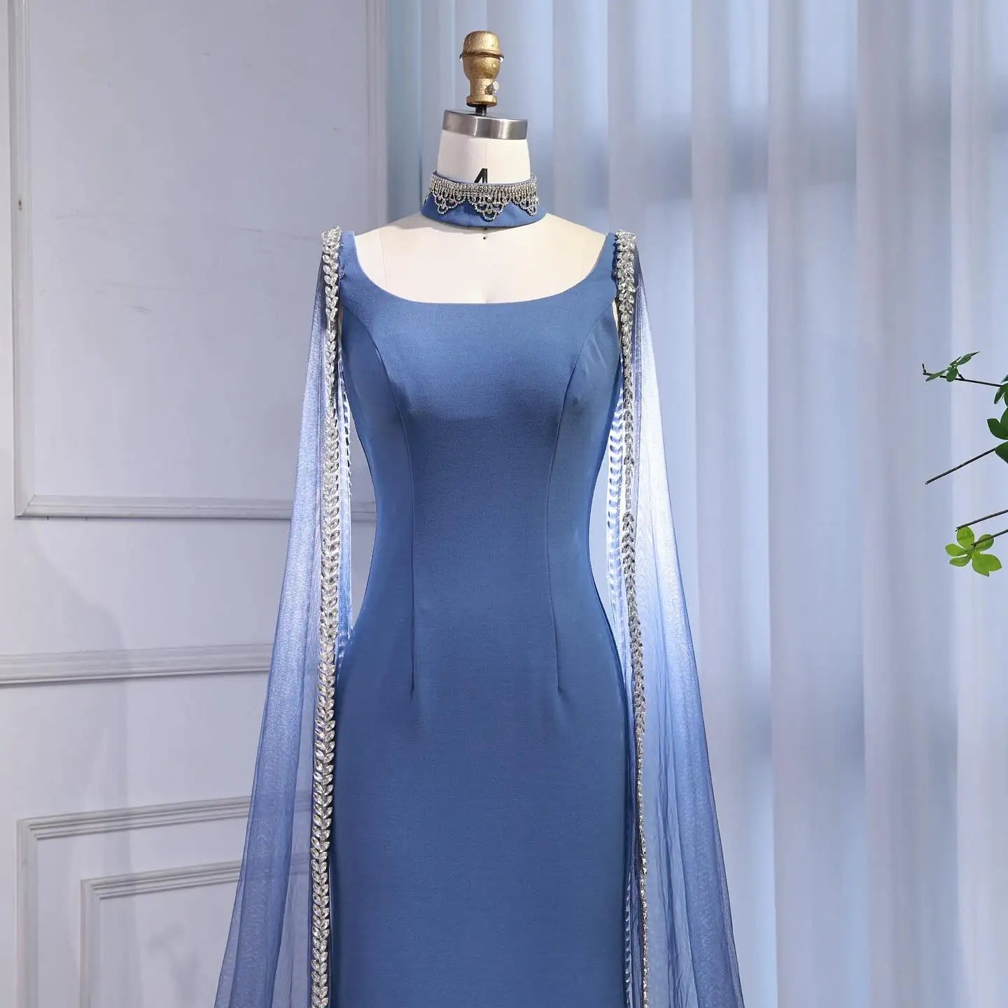 Luxury Blue Mermaid Beaded Evening Dress with Cape Sleeves LA72086 - SERENE HILL