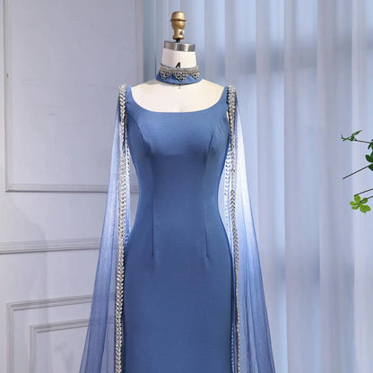 Luxury Blue Mermaid Beaded Evening Dress with Cape Sleeves LA72086 - SERENE HILL