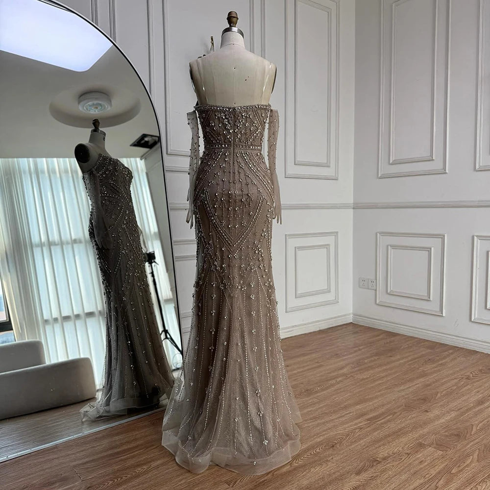 Luxury Caramel Crystal Beaded Mermaid Evening Gown with Gloves LA73186 - SERENE HILL