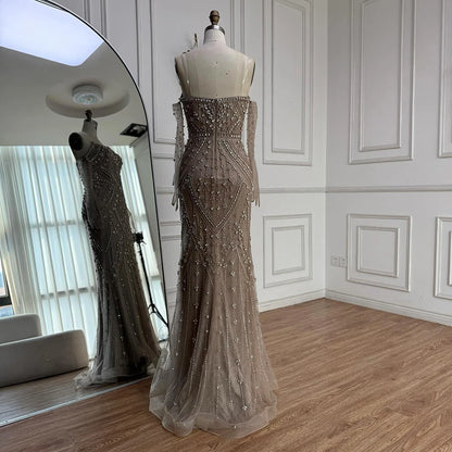 Luxury Caramel Crystal Beaded Mermaid Evening Gown with Gloves LA73186 - SERENE HILL