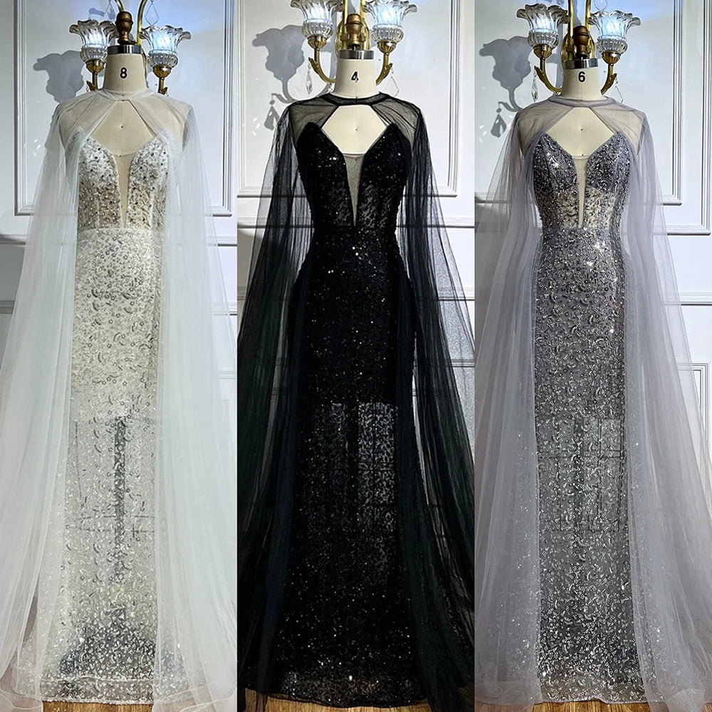 Luxury White Sequin Mermaid Evening Dress with Cape LA72996 - SERENE HILL