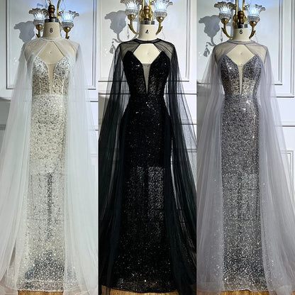 Luxury White Sequin Mermaid Evening Dress with Cape LA72996 - SERENE HILL