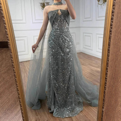Luxury Gray Beaded Evening Dress with Long Cape LA73159 - SERENE HILL