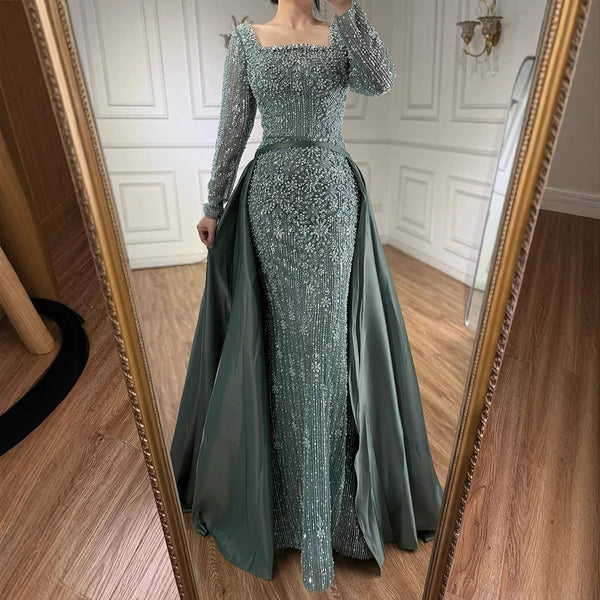 Luxury Arabic Turquoise Mermaid Beaded Evening Gown with Overskirt LA72533A