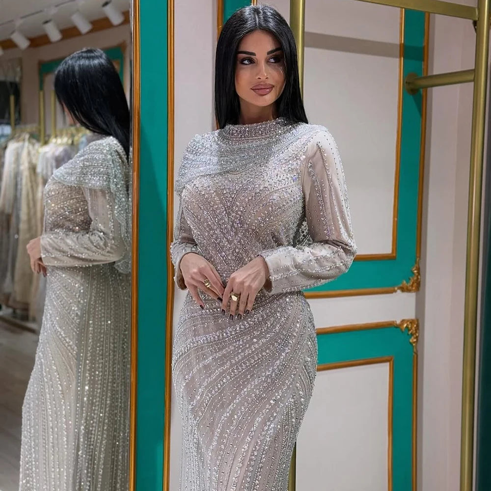 Muslim Silver Nude Beaded Long Sleeves Evening Dress LA70752H - SERENE HILL