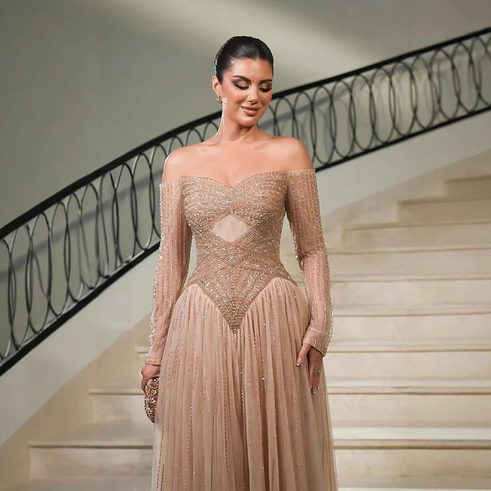 Luxury Nude Off Shoulder A-Line Beaded Evening Dress LA73038 - SERENE HILL