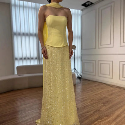 Luxury Yellow Chiffon Mermaid Evening Dress with Cape LA73007 - SERENE HILL