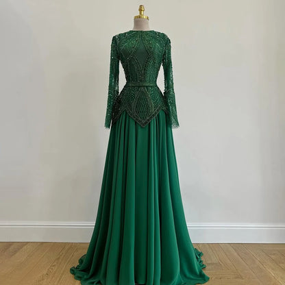 Luxury Designer Blue Beaded Evening Dress with Long Sleeves LA72962 - SERENE HILL