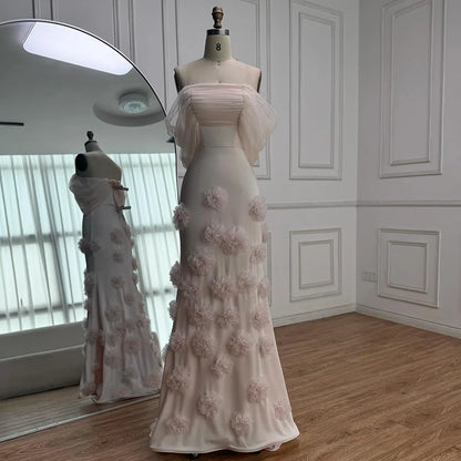 Elegant pink 3D flower off-shoulder evening dress LA72943 - SERENE HILL