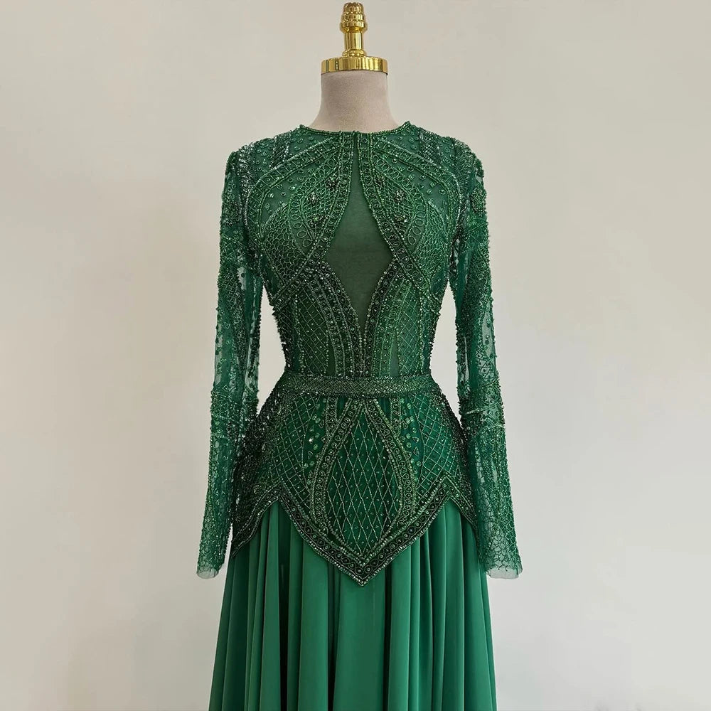 Luxury Designer Blue Beaded Evening Dress with Long Sleeves LA72962 - SERENE HILL