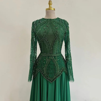 Luxury Designer Blue Beaded Evening Dress with Long Sleeves LA72962 - SERENE HILL
