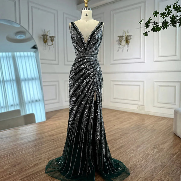 Luxury Green Beaded Mermaid Prom Dress with Split LA72613