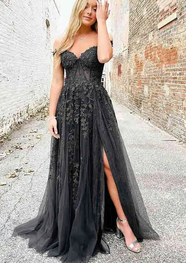 erene Hill Arabic Lilac A-Line Spaghetti Straps Long Lace Prom Dress with Split LA72692 - SERENE HILL