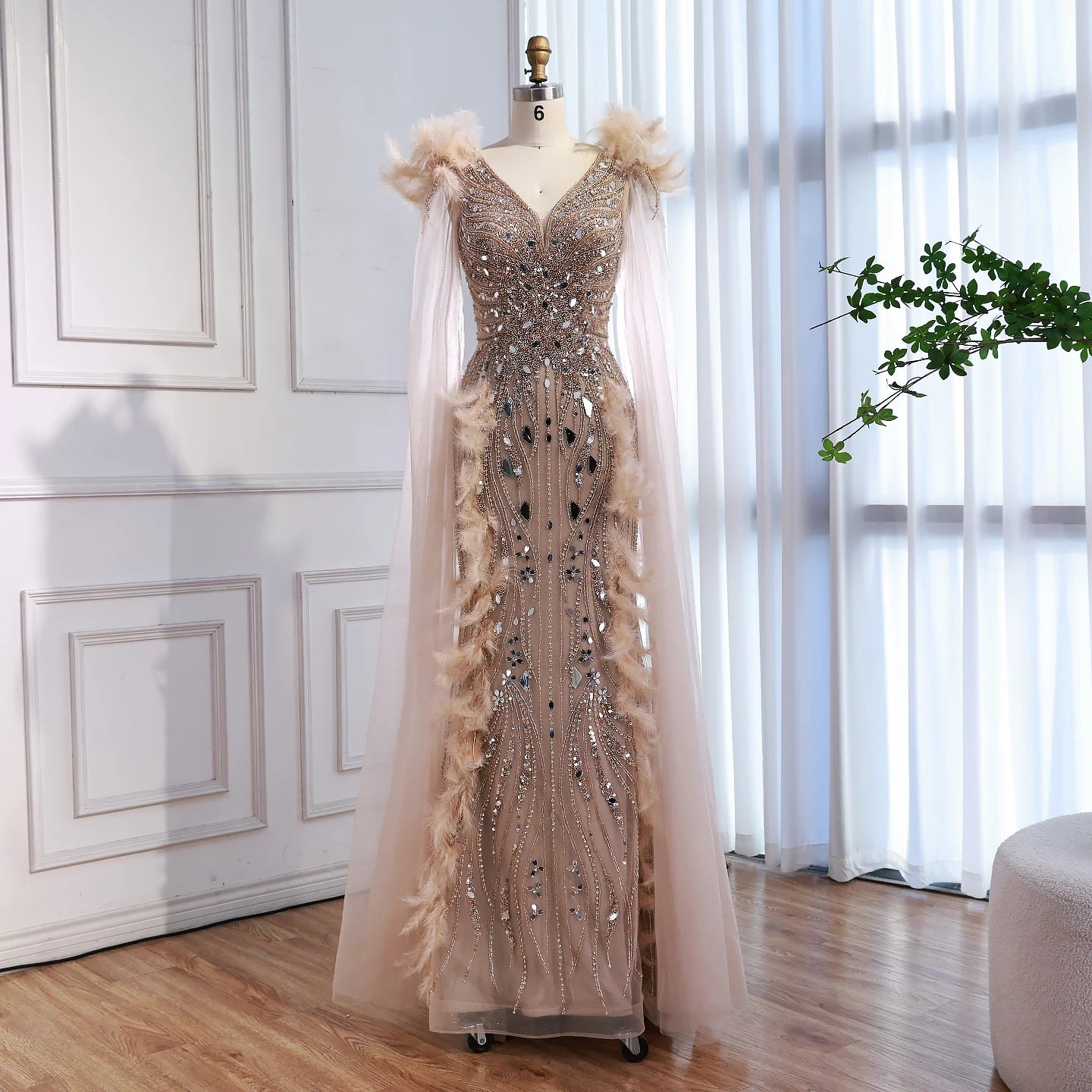 Luxury Caramel Feather Mirror Beaded Mermaid Evening Dress With Cape LA73328 - SERENE HILL