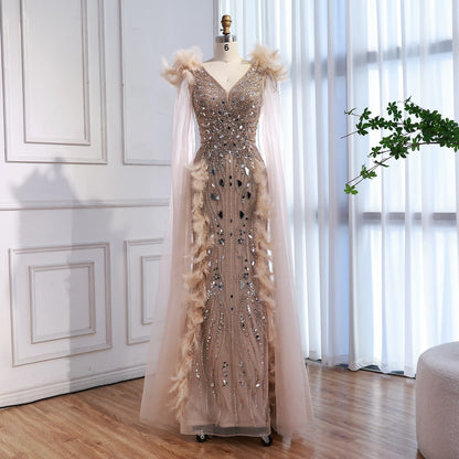 Luxury Caramel Feather Mirror Beaded Mermaid Evening Dress With Cape LA73328 - SERENE HILL
