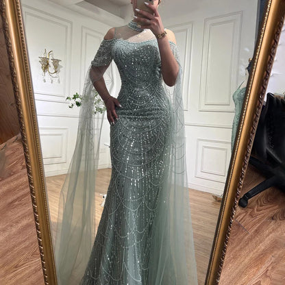 Serene Hill Arabic Purple Mermaid Cape Sleeves Beaded Luxury Long Evening Dresses Gowns 2025 For Woman Wedding Party LA71992 - SERENE HILL