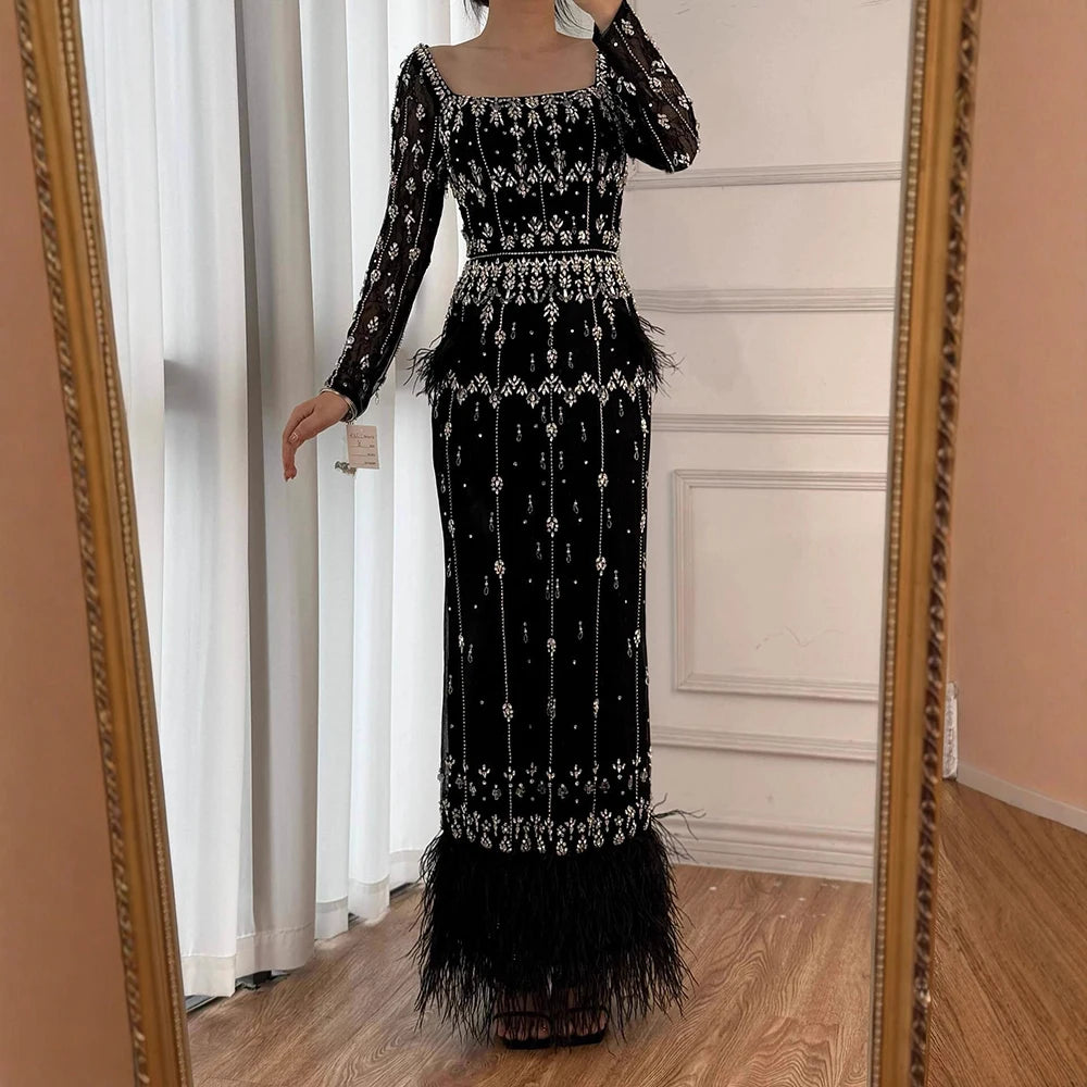 Muslim Luxury Feather Ankle Evening Dress with Long Sleeves LA71722 - SERENE HILL