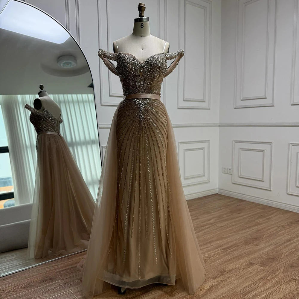 Luxury Nude Arabic Crystal Beaded Mermaid Off Shoulder Evening Dress LA73128 - SERENE HILL