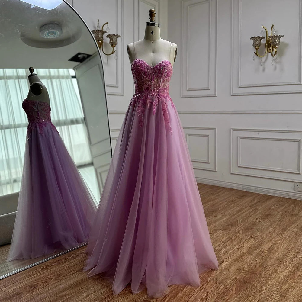 Luxury A-line Sweep Train Tulle Prom Dress with Appliqued LA72972 - SERENE HILL